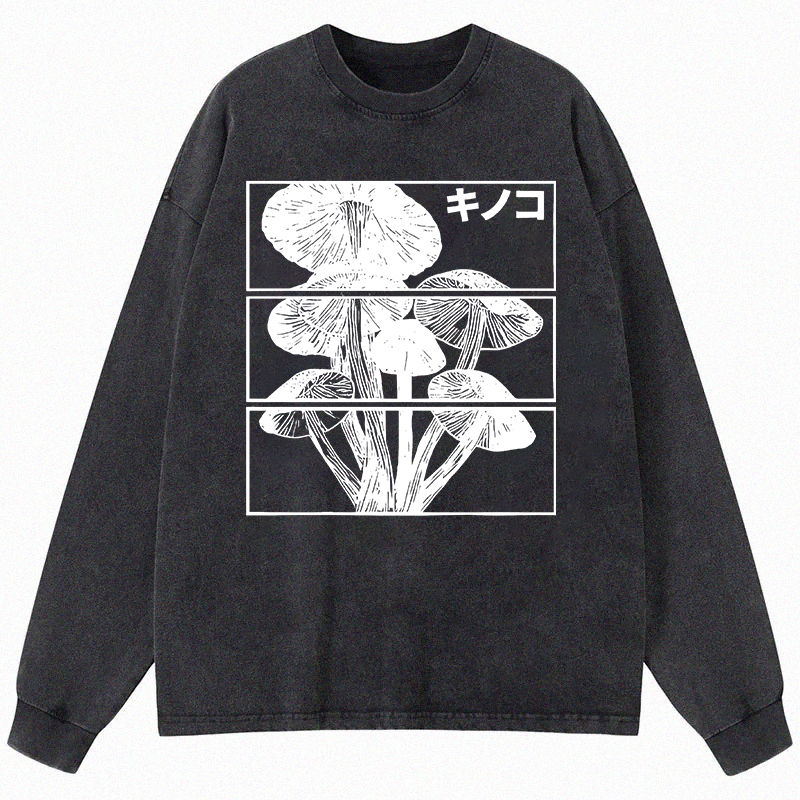 Tokyocanvas Japanese Mushrooms Long Sleeve Washed T-Shirt