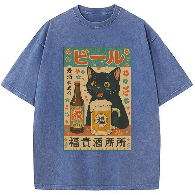 Tokyocanvas Japanese Black Cat Beer Washed T-Shirt