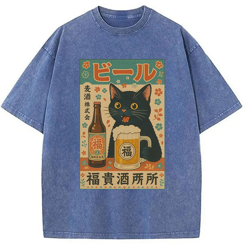 Tokyocanvas Japanese Black Cat Beer Washed T-Shirt