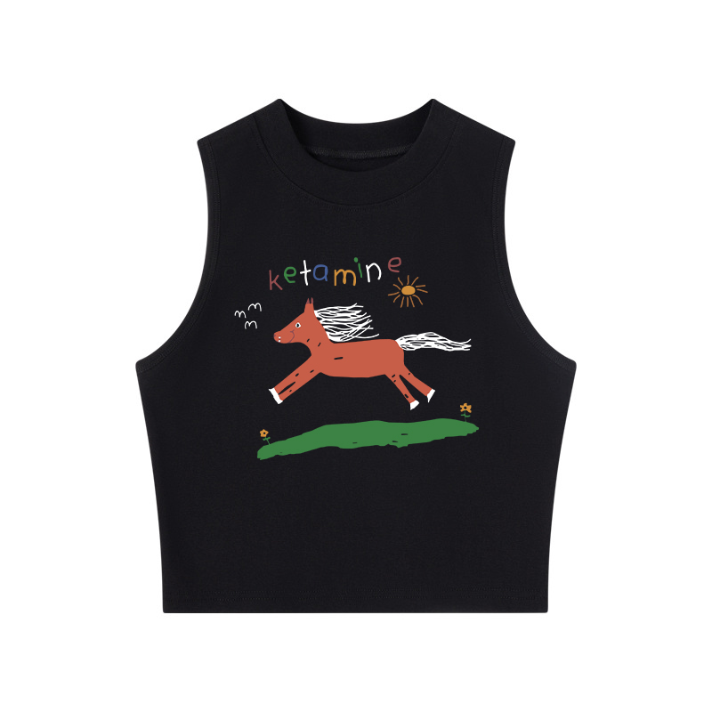 Tokyocanvas Ketamine Horse Funny Crew Neck Crop Top