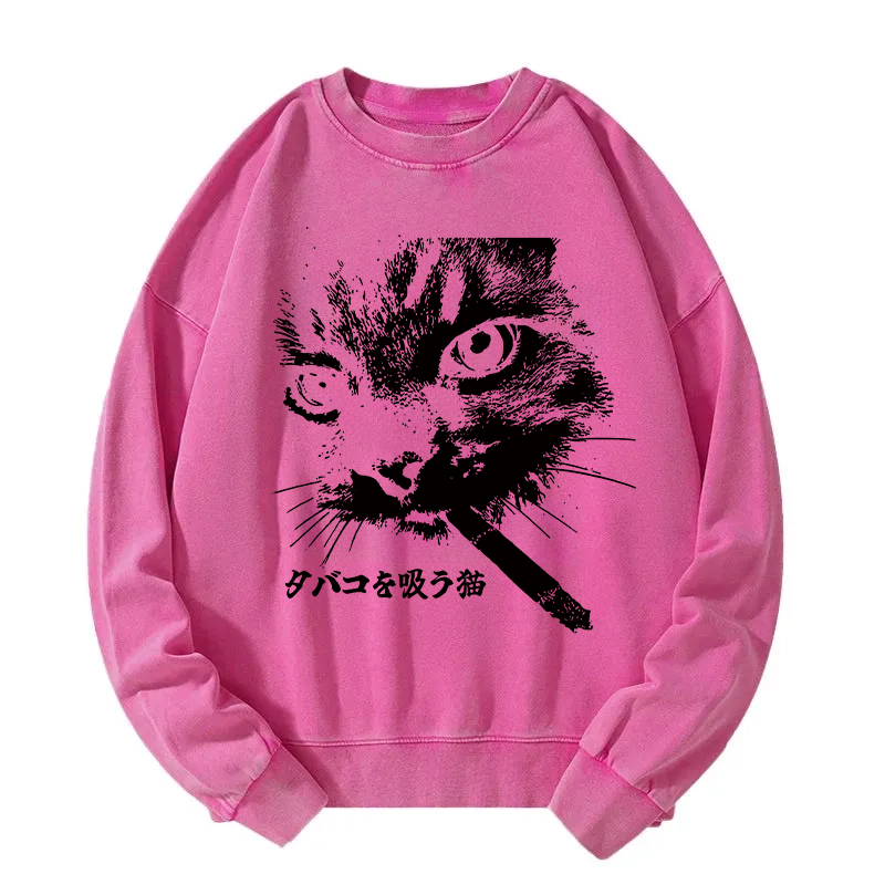 Tokyocanvas Retro Cat Smoking Washed Sweatshirt