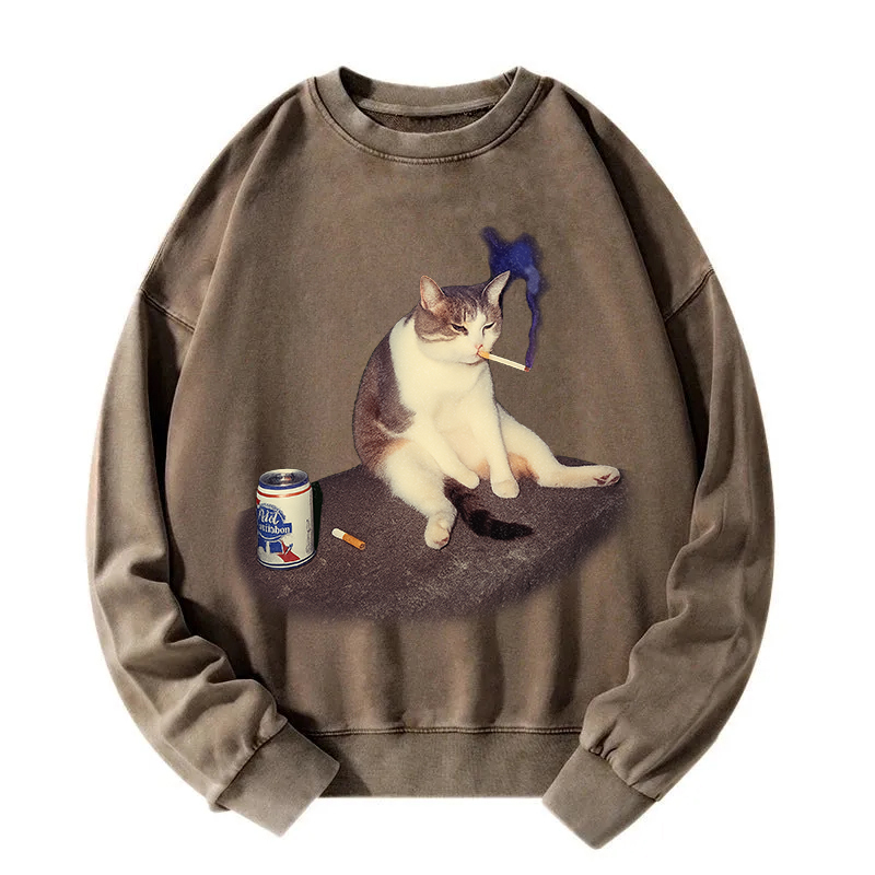Tokyocanvas Custom Cat Smoking Meme Washed Sweatshirt