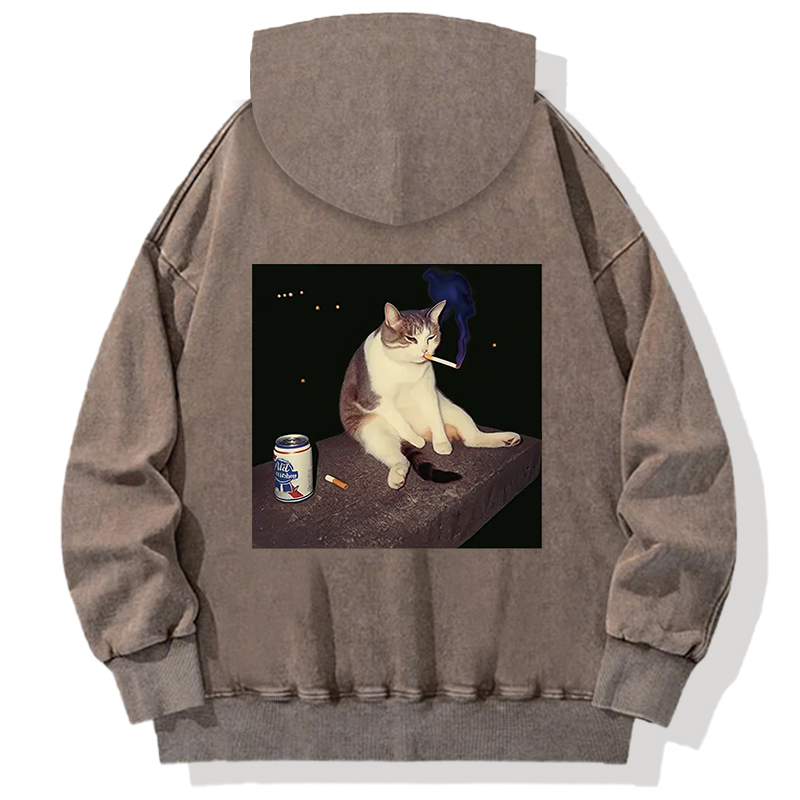Tokyocanvas Cigarette Kitten Funny Smoking Cat Meme Back Washed Hoodie