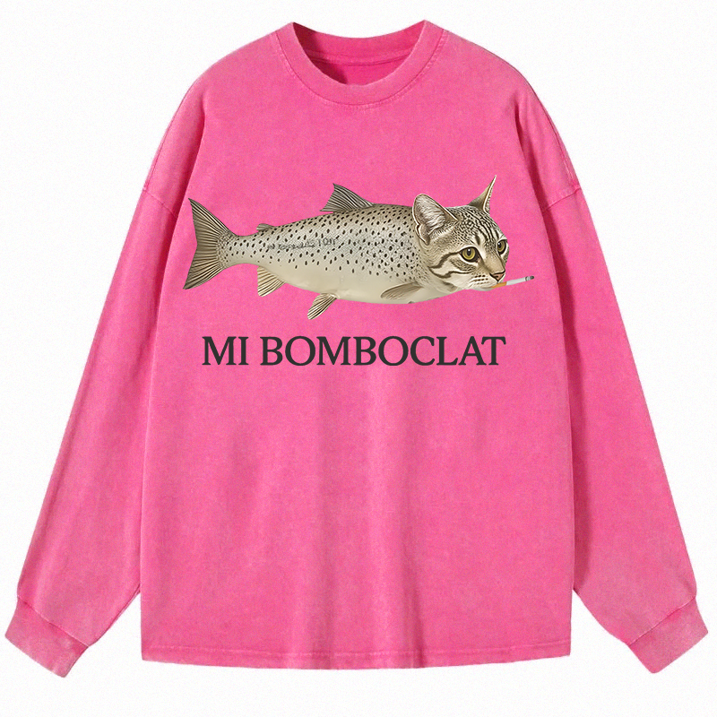 Tokyocanvas Bomboclat Fish Cat Meme Long Sleeve Washed T-Shirt