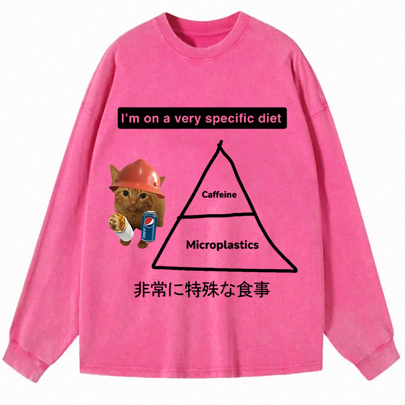 Tokyocanvas A Very Specific Diet Cat Meme Long Sleeve Washed T-Shirt