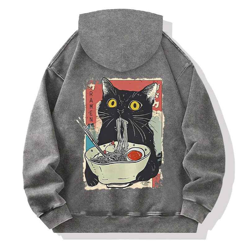 Tokyocanvas Cute Cat Eating Ramen Back Washed Hoodie