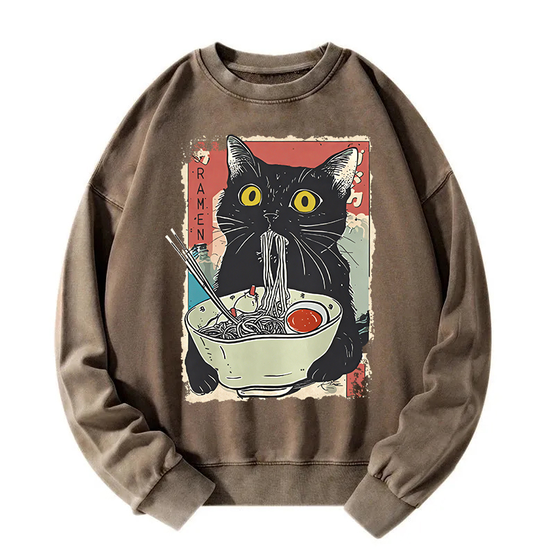 Tokyocanvas Cute Cat Eating Ramen Washed Sweatshirt
