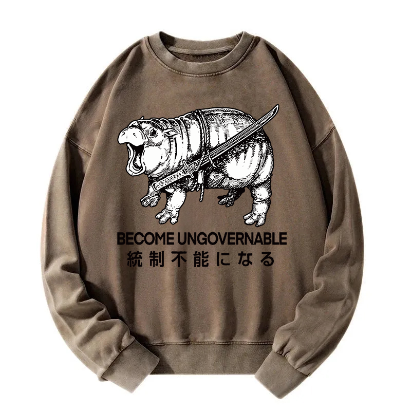 Tokyocanvas Moo Deng Carrying A Samurai Sword Washed Sweatshirt