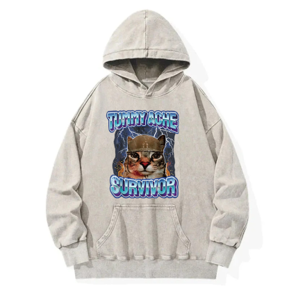 Tokyocanvas Tummy Ache Survivor Cat Meme Washed Hoodie