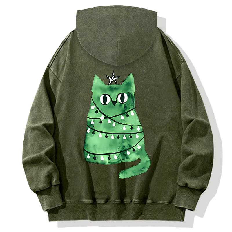 Tokyocanvas Watercolor green Christmas cat Back Washed Hoodie