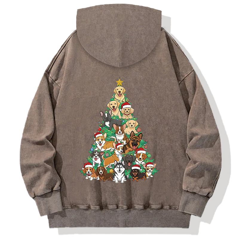 Tokyocanvas Christmas Tree Dog Funny Back Washed Hoodie