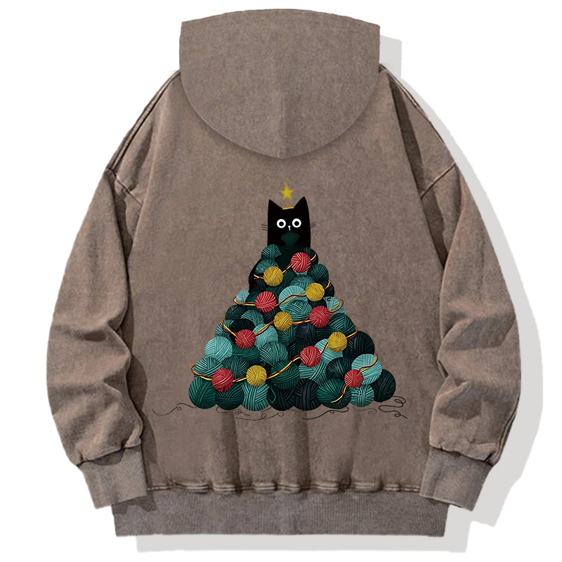 Tokyocanvas Yarn Christmas Tree Cat Back Washed Hoodie