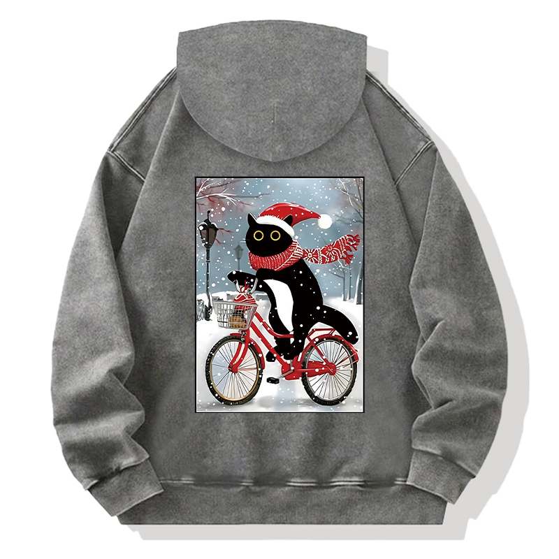 Tokyocanvas Black Cat Riding A Bicycle Back Home Back Washed Hoodie