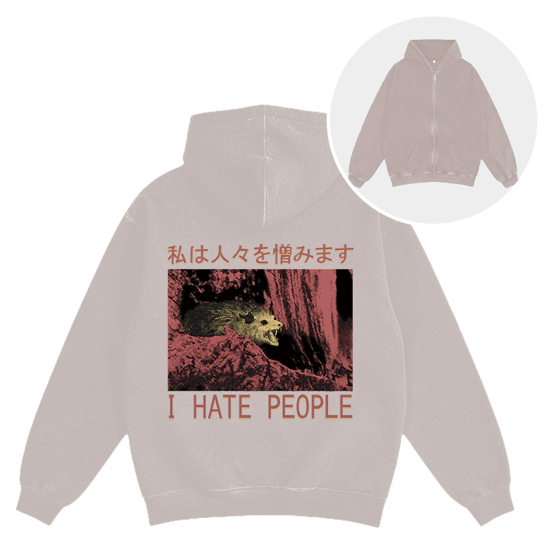 Tokyocanvas I Hate People Opossum Washed Zip Hoodie