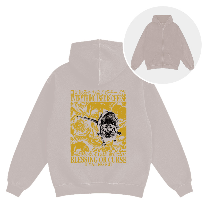 Tokyocanvas Everything I See is Cheese Vintage Japanese Rat Washed Zip Hoodie