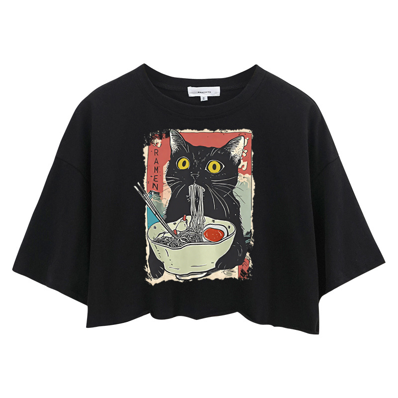 Tokyocanvas Cute Cat Eating Ramen Crop Top