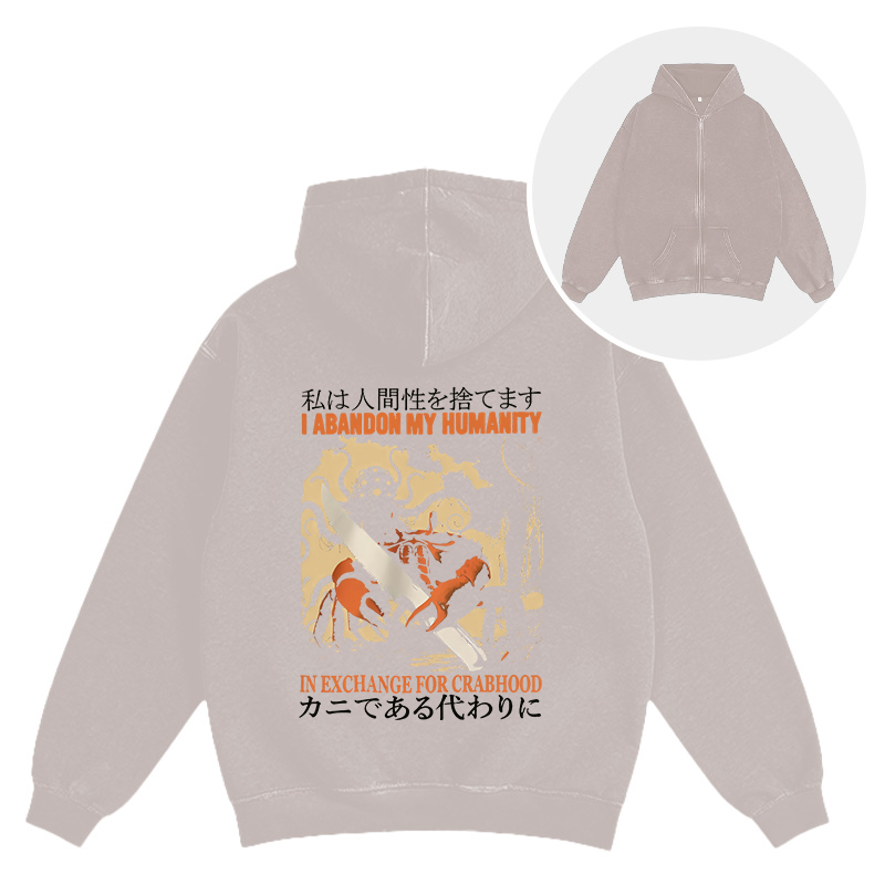 Tokyocanvas I Abandon My Humanity Crab Vintage Washed Zip Hoodie