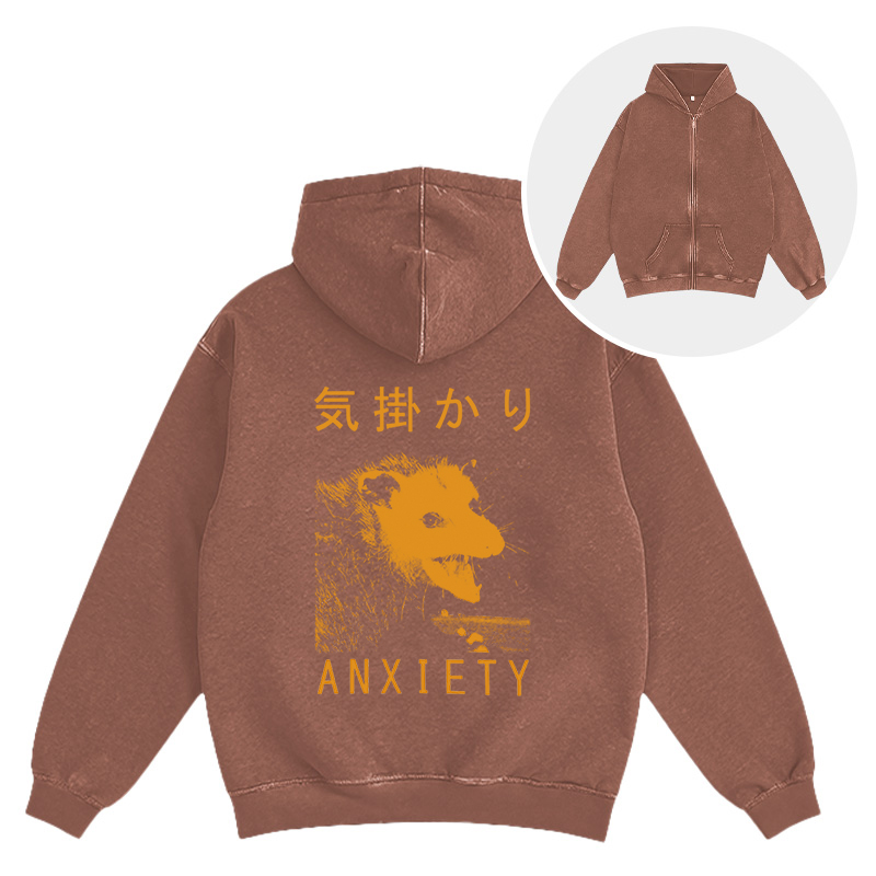 Tokyocanvas Anxiety Japanese Opossum Washed Zip Hoodie