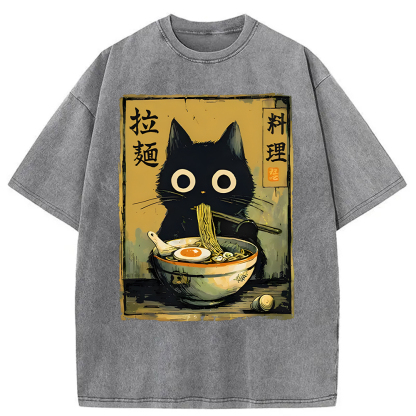 Tokyocanvas Cute Black Cat Eating Ramen Washed T-Shirt