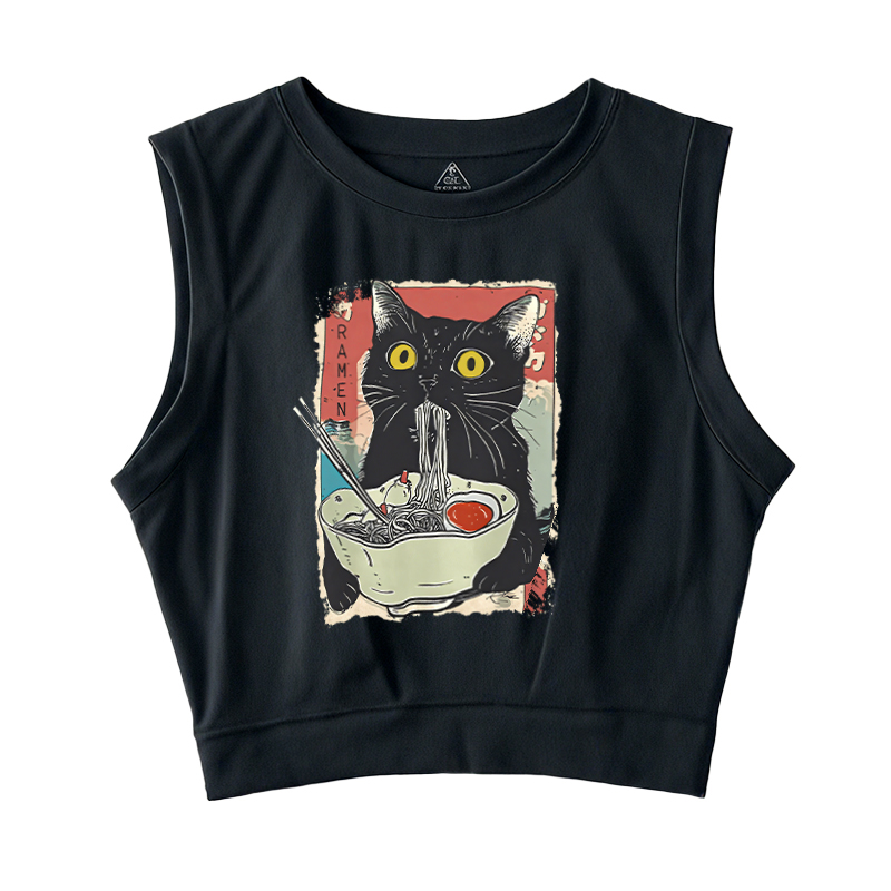 Tokyocanvas Cute Cat Eating Ramen Sleeveless Crop Top