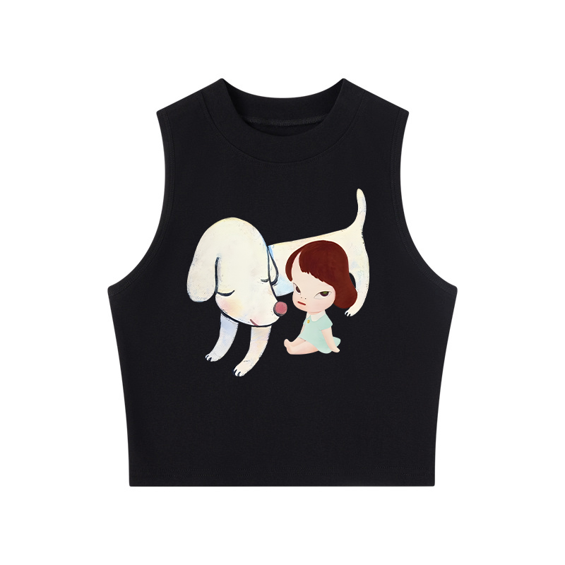 Tokyocanvas Dog & Girl Crew Neck Crop Top