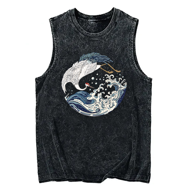 Tokyocanvas Crane Bird Wave Washed Tank