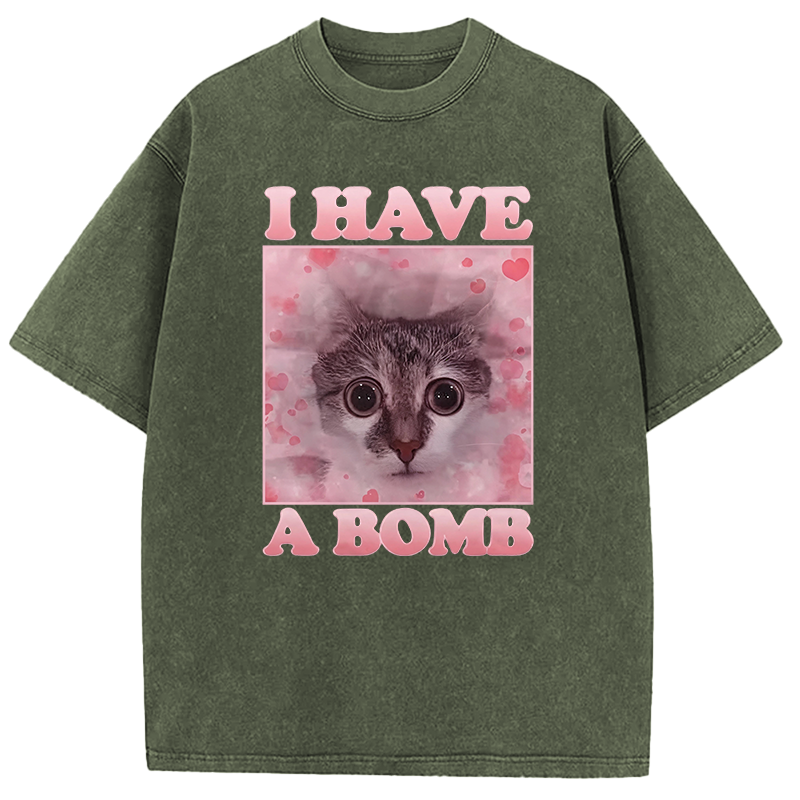 Tokyocanvas I Have a Bomb Funny Cat Dank Meme Washed T-Shirt