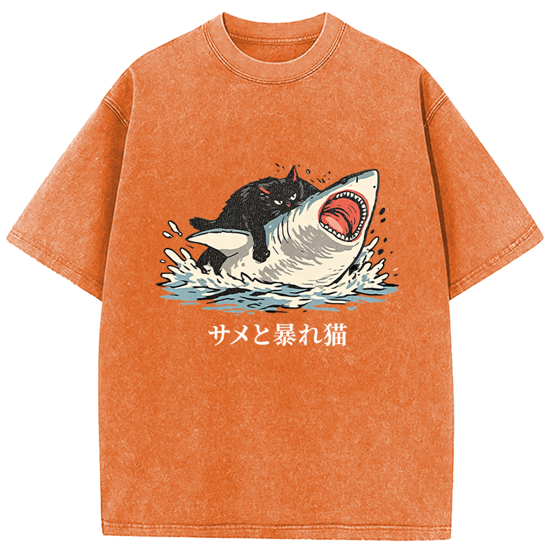 Tokyocanvas Fat Cat Vs Shark Washed T-Shirt