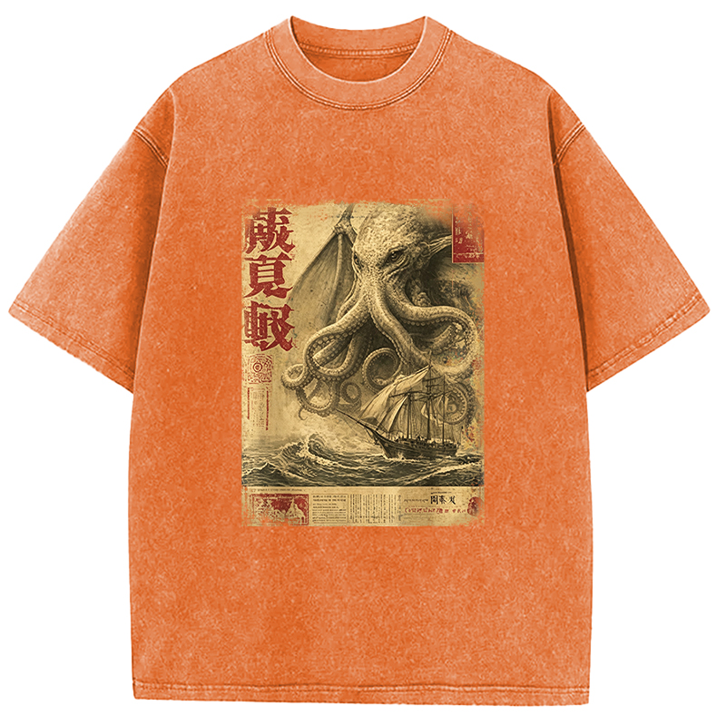 Tokyocanvas Cthulhu Kraken Vintage Japanese Sea Monster Newspaper Washed T-Shirt