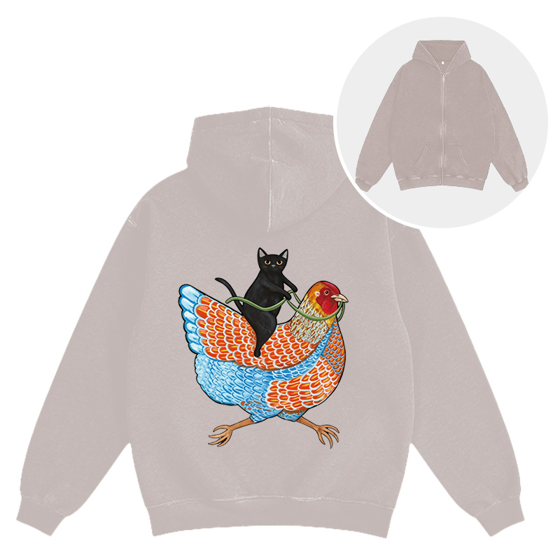 Tokyocanvas Black Cat On a Wyandotte Chicken Washed Zip Hoodie