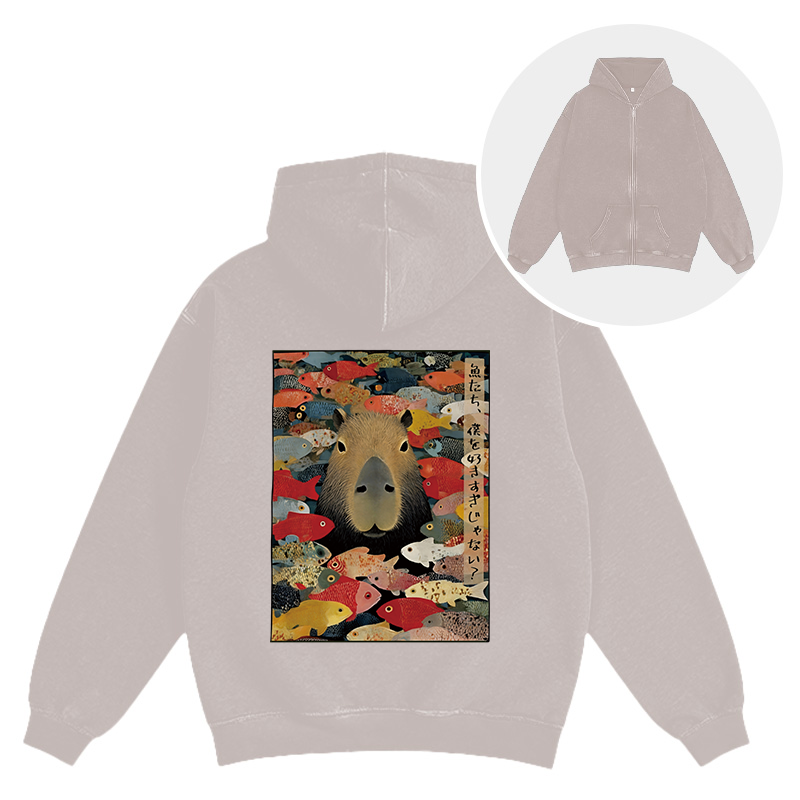 Tokyocanvas Am I Too Lovable Capybara Washed Zip Hoodie