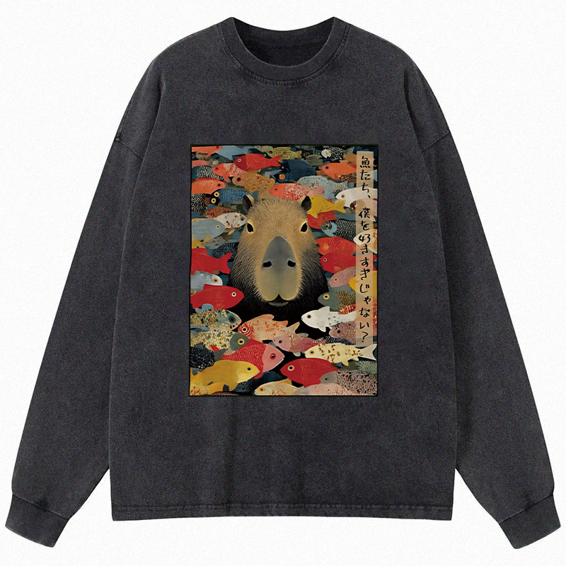 Tokyocanvas Am I Too Lovable Capybara Long Sleeve Washed T-Shirt