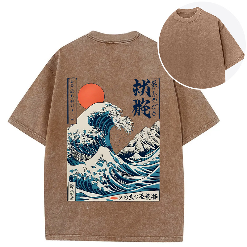 Tokyocanvas Ukiyo-e Ocean Waves Japan Back Washed T-Shirt