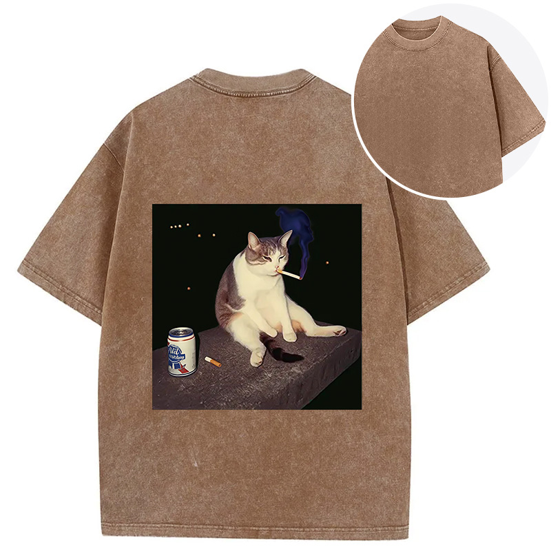 Tokyocanvas Cigarette Kitten Funny Smoking Cat Meme Back Washed T-Shirt