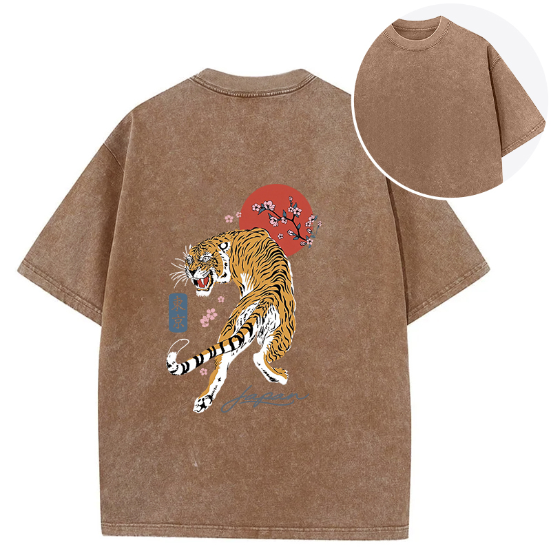 Tokyocanvas Tiger Blossom Japanese Sakura Back Washed T-Shirt