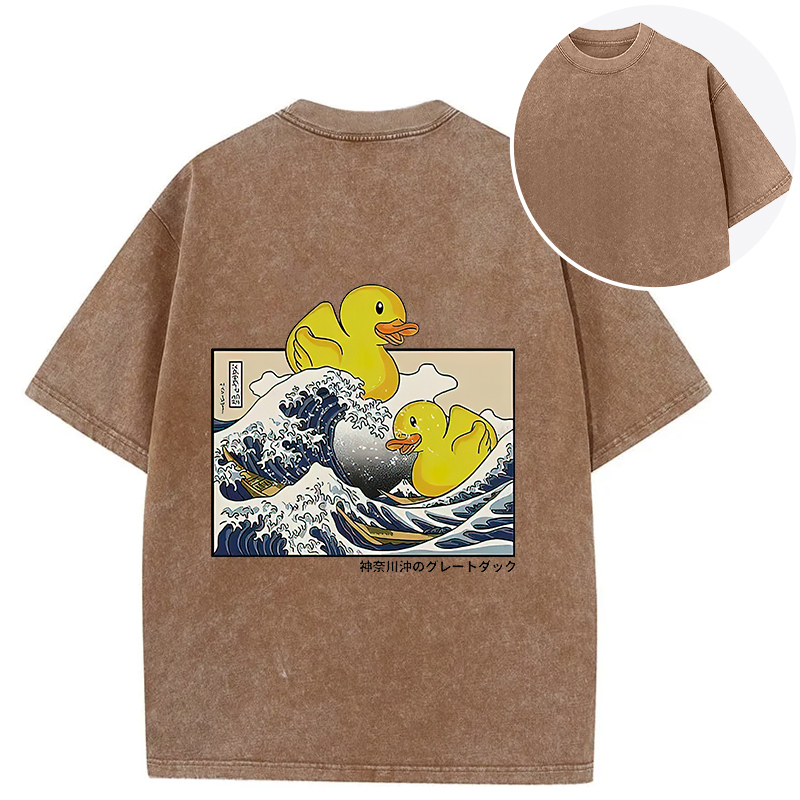 Tokyocanvas Ukiyoe Waves And Cute Yellow Duck Back Washed T-Shirt