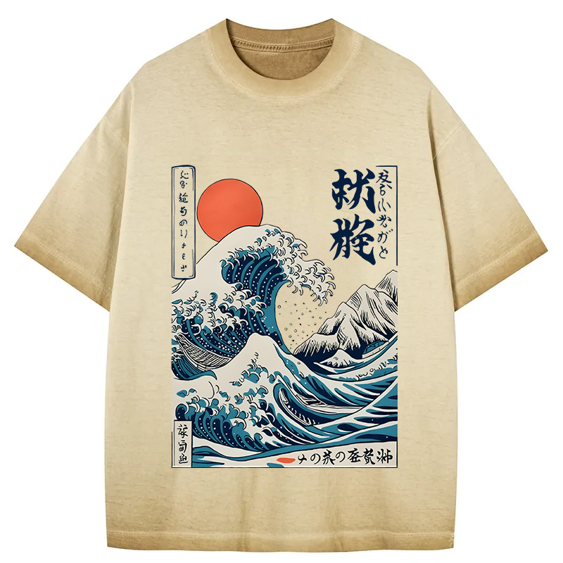 Tokyocanvas Ukiyo-e Ocean Waves Japan Gradient Washed T-Shirt