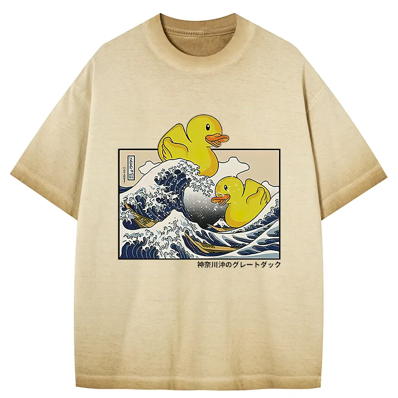 Tokyocanvas Ukiyoe Waves And Cute Yellow Duck Gradient Washed T-Shirt