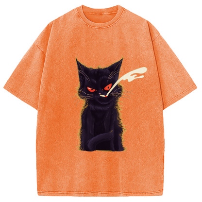 Tokyocanvas Funny Smoking Black Cat Face Washed T-Shirt