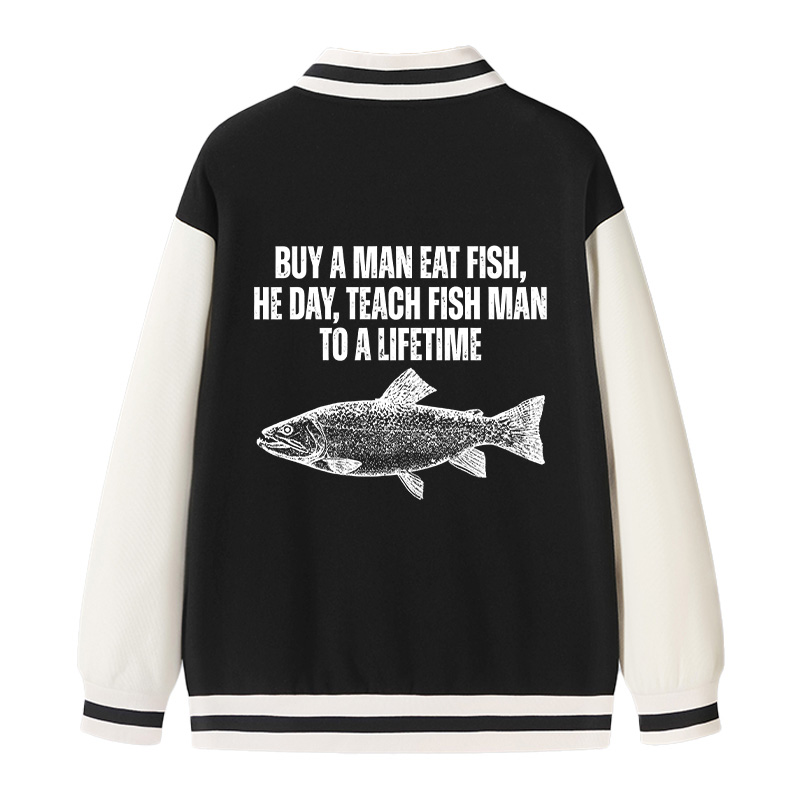 Tokyocanvas Buy a Man Eat Fish Funny Meme Varsity Jacket