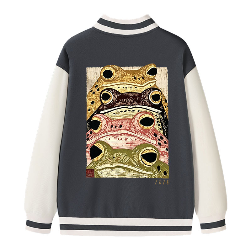 Tokyocanvas Whimsical Multi Colored Frog Art Varsity Jacket