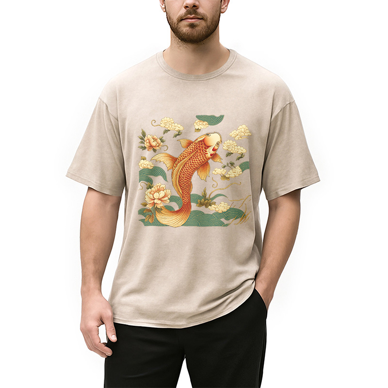 Tokyocanvas Cozy Vintage Japanese Koi Fish Washed T-Shirt
