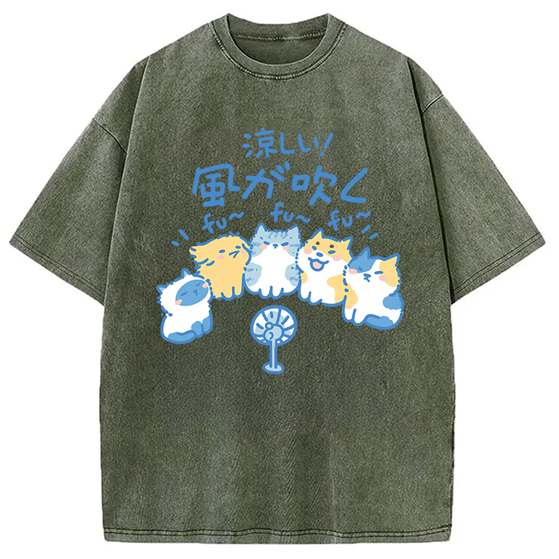 Tokyocanvas Cooling From The Heat Funny Dog And Cat Washed T-Shirt