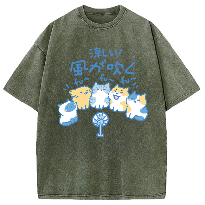 Tokyocanvas Cooling From The Heat Funny Dog And Cat Washed T-Shirt