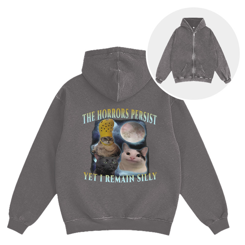 Tokyocanvas The Horrors Persist Yet I Remain Silly Cat Washed Zip Hoodie