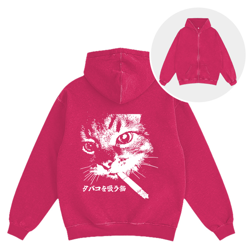 Tokyocanvas Retro Cat Smoking Washed Zip Hoodie