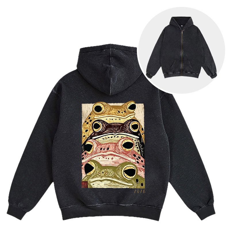 Tokyocanvas Whimsical Multi Colored Frog Art Washed Zip Hoodie