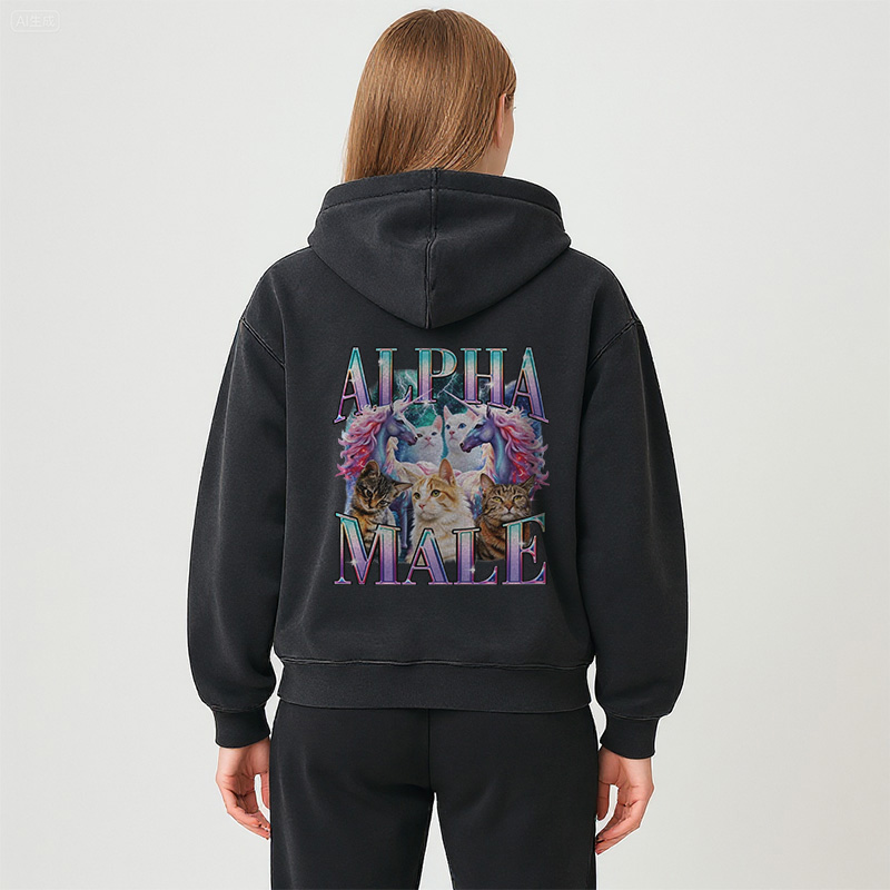 Tokyocanvas Alpha Male Unicorn Cat Washed Zip Hoodie