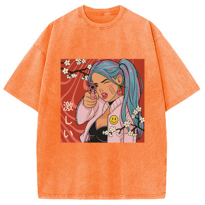 Tokyocanvas Cherry Blossoms in Error 404 Anime Girl Washed T-Shirt