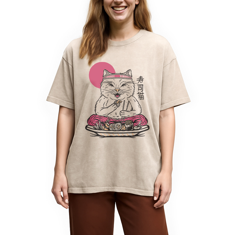 Tokyocanvas Cute Sushi Cat Eating Washed T-Shirt
